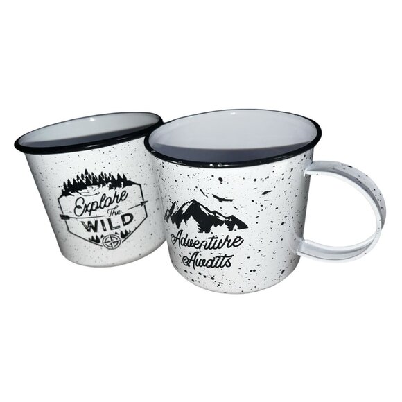 Design Pac Set of 2 Tin Coffee Mugs with Handles 16 fl oz White & Black Adventur - Picture 2 of 12